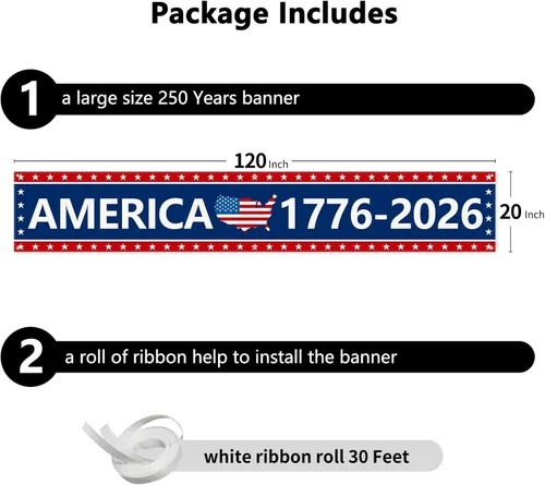 Miniatura 2 de Cartel del 250 aniversario de 120 x 20 pulgadas, Estados Unidos 1776-2026, 250 años de cumpleaños, libertad, mapa americano, suministros