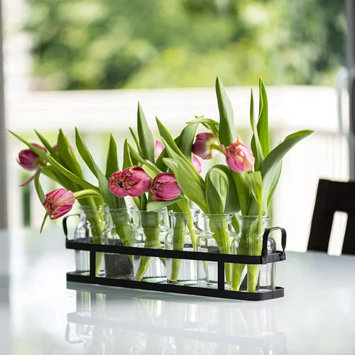 Miniatura 7 de Florero de cristal de 6 piezas con soporte de metal, el mejor juego de jarrones para decoración del hogar y la mesa, decoración de boda, cocina