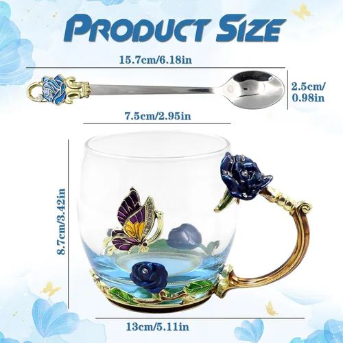 Miniatura 2 de Taza de té esmaltada con flores de mariposa, taza de café de cristal, San Valentín, Día de la Madre, graduación, cumpleaños, regalos de Navidad