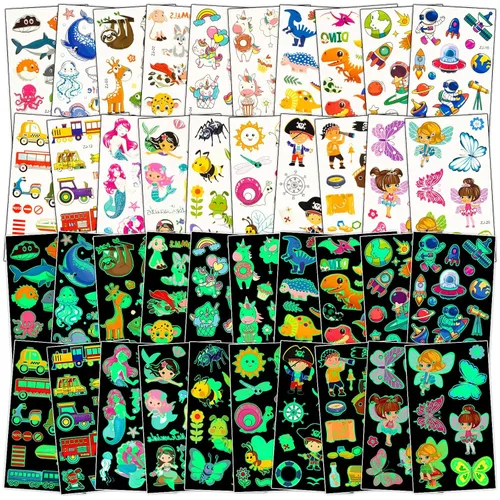 Habett Tatuajes temporales luminosos para niños, más de 200 estilos mixtos de tatuajes temporales, juego de calcomanías para niñas y niños,