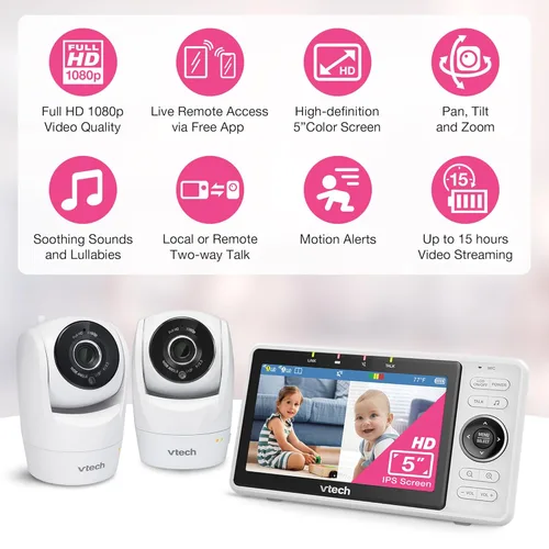 Miniatura 2 de VTech Monitor de bebé WiFi inteligente de 2 cámaras con cámara FHD de 1080p y pantalla IPS HD de 5", aplicación gratuita con video de detección