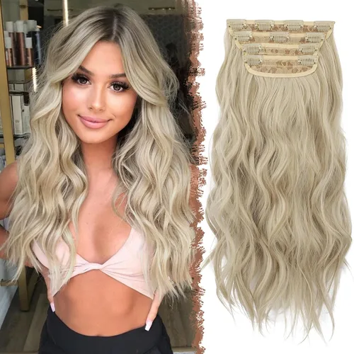 Miniatura 25 de FESHFEN Extensiones de cabello con clip - 4 piezas Extensiones de cabello sintético ondulado largo y grueso con clip para cabeza completa