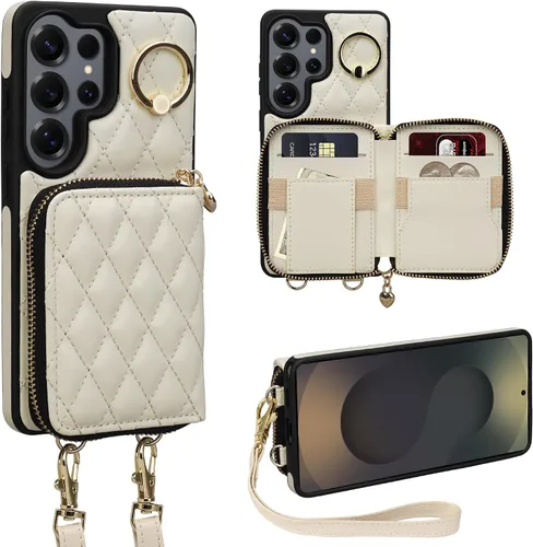 Miniatura 13 de Funda tipo cartera para iPhone 15 de 6.1 pulgadas, bolso cruzado con cremallera y correa para la muñeca con cordón para mujer, tarjetero con bloqueo