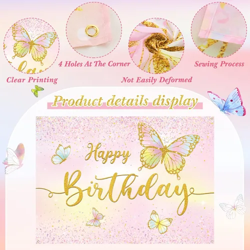 Miniatura 5 de Dandat Telón de fondo de cumpleaños de mariposa de 7 x 5 pies, tema rosa, mariposa dorada, decoración de fiesta, pancarta de poliéster, fondo