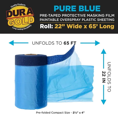 Miniatura 2 de Dura-Gold Rollo de Película de Enmascaramiento Precintada Azul Puro de 22" de Ancho x 65' de Largo, Lámina Protectora de Plástico Pintable contra