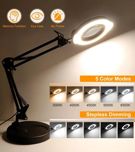 Miniatura 5 de Lupa de 10 x 15X con luz y soporte, lámpara LED de aumento de escritorio con base y abrazadera, 5 modos de color, 10 niveles regulables iluminada