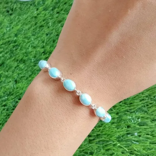 Miniatura 5 de Pulsera de cadena de eslabones de larimar natural de forma ovalada para mujer, piedra azul 925, hecha a mano, ajustable, pulsera para ella, Piedra