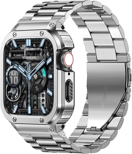 Miniatura 26 de MioHHR Correa y funda de acero inoxidable compatible con Apple Watch Band de 1.614 in, 1.575 in y 1.496 in, cubierta protectora de metal para Negro