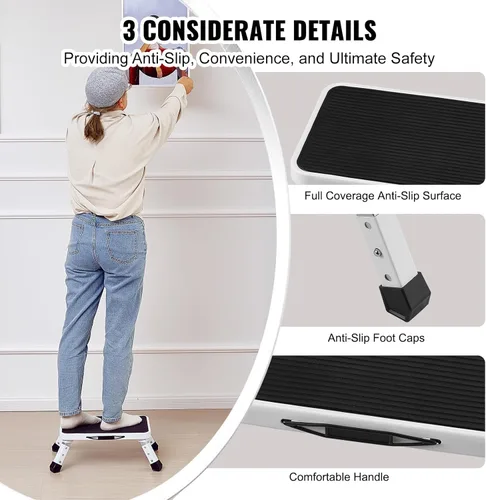 Miniatura 5 de VEVOR Escalera plegable de acero de 1 escalón de 330 libras de capacidad, altura ajustable, taburete antideslizante y resistente para adultos, niños