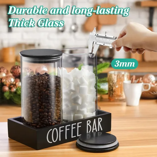 Miniatura 6 de Recipiente de Vidrio para Café Molido - Juego de 2 Piezas de 45oz de Recipientes para Café y Azúcar con Tapas Herméticas de Bambú y Bandeja Negra