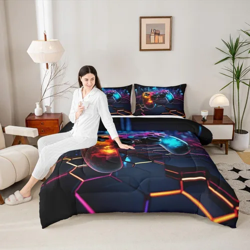 Miniatura 21 de Manfei Juego de edredón moderno de 2 piezas con estampado de consola de videojuegos de panal azul con 1 funda de almohada, juego de ropa de cama