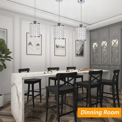 Miniatura 7 de Paquete de 3 lámparas colgantes de cristal, iluminación colgante de isla de cocina cromada, luces colgantes de techo con cable ajustable