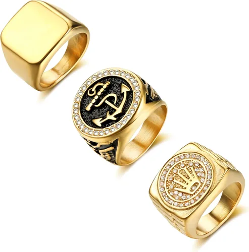 Dochais 3 anillos para hombres y mujeres, de acero inoxidable, con circonita cúbica, de eslabones cubanos gruesos, vintage, con sello de
