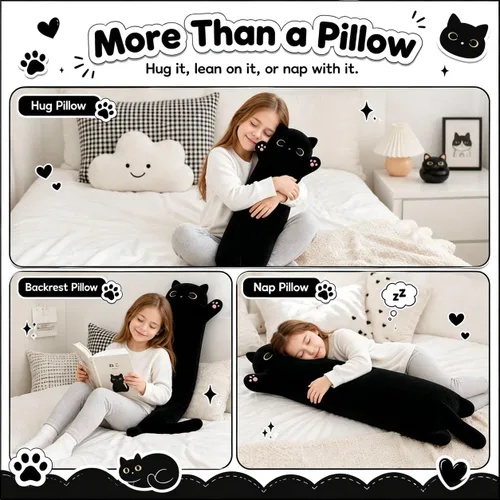 Miniatura 6 de Almohada de gato de felpa suave, almohada larga de juguete de animal de peluche para gatito, regalo para niños, novia (50CM, negro)