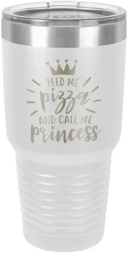 Miniatura 18 de Vaso grabado con pajita y tapa superior deslizante de acero inoxidable para viaje con texto en inglés "FEED ME PIZZA AND CALL ME PRINCESS