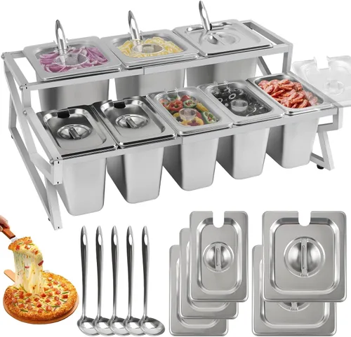 Miniatura 17 de Pizza Topping Station 7 sartenes, barra de ensalada, estación de buffet, servidor de bufé de alimentos fríos con tapas de bolsas de hielo, juego