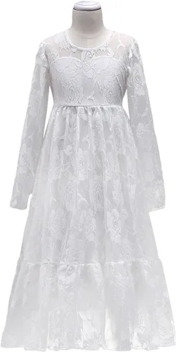 Miniatura 5 de Vestido de primera comunión con encaje blanco para niñas, boda, dama de honor, fiesta, bautizo, princesa, Aline, bohemio, rústico, baile, Blanco