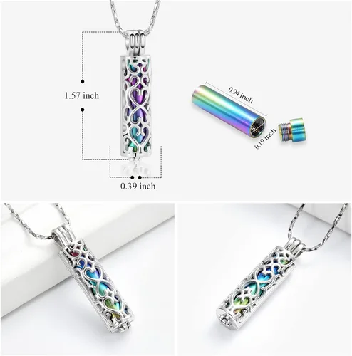 Miniatura 8 de Imrsanl Collar con colgante de urna de cremación con vial de cilindro hueco, urna de recuerdo, joyería de cremación, medallones conmemorativos