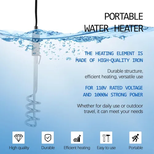 Miniatura 3 de Paquete de 2 calentadores de agua eléctricos de inmersión portátiles de 1000 W 110 V para camping, piscina inflable, bañera, calentador de cubo