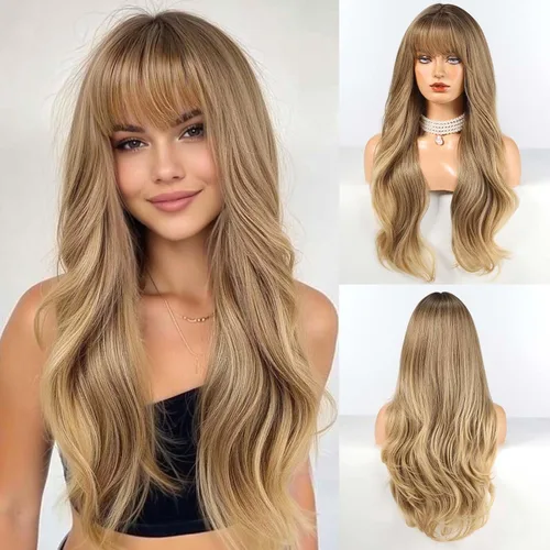 HAIRCUBE Peluca larga rubia mezclada con marrón con flequillo, pelucas rizadas en capas para mujeres, pelucas sintéticas naturales para uso diario