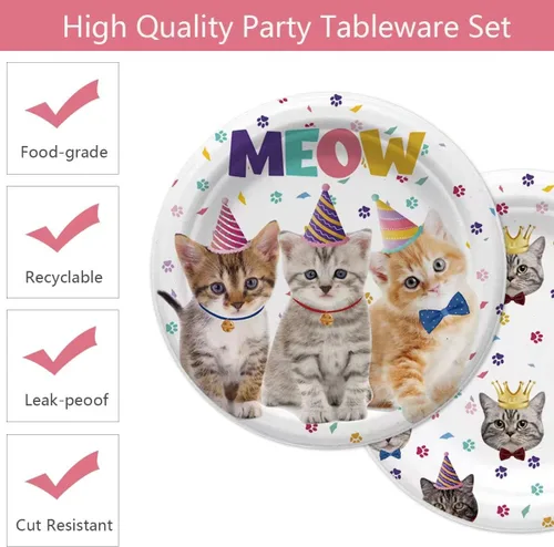 Miniatura 2 de 40 piezas de suministros para fiesta de cumpleaños de gatos, decoraciones de fiesta de cumpleaños para gatos, platos y servilletas, suministros