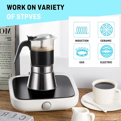 Miniatura 3 de SIXAQUAE - Olla de inducción Moka con tapa de cristal y acero inoxidable, cafetera italiana clásica (5.4 fl oz)