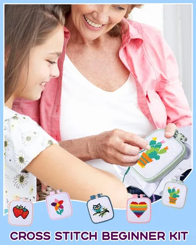 Miniatura 6 de Pllieay 5 kits de punto de cruz para principiantes para niños de 7 a 13 años, incluye 5 proyectos estampados y 5 aros de bordado cuadrados, 11