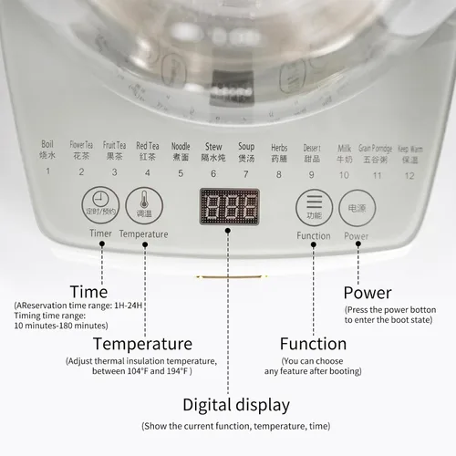 Miniatura 6 de Olla de salud, oficina, hogar, hervidor eléctrico con infusor, control de temperatura, 12 procedimientos funcionales para frutas, té y café