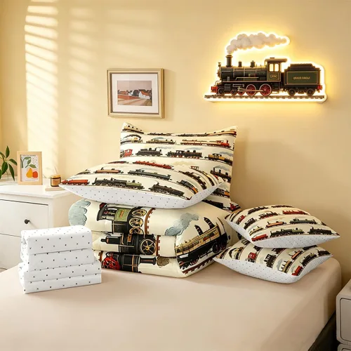 Miniatura 8 de Feelyou Juego de edredón de tren vintage de 7 piezas, diseño retro de motor de vapor para niños y niñas, juego de ropa de cama retro de tren