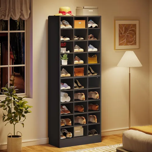 Miniatura 3 de Tribesigns Armario de almacenamiento de zapatos de 10 niveles, zapatero de madera negro con 30 cubículos, organizador de zapatos alto independiente