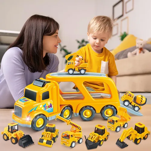 Miniatura 6 de Veslier Juguetes de camión de construcción 9 en 1 para edades de 3, 4, 5, 6 años, vehículos con sonidos y luces en camión transportador, juguetes