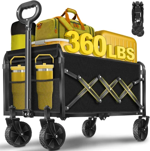 Carrito de Vagones Plegable, Carrito de Vagón Plegable de 360 LBS con Ruedas, Vagón Utilitario Plegable Portátil Todo Terreno para Compras Camping