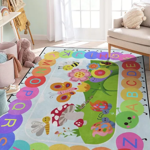 Miniatura 2 de Alfombra para Niños, Alfombra de Oruga Arcoíris ABC Letras del Alfabeto Tapete Educativo - 5x7 Pies Alfombra de Área de Aprendizaje con Respaldo