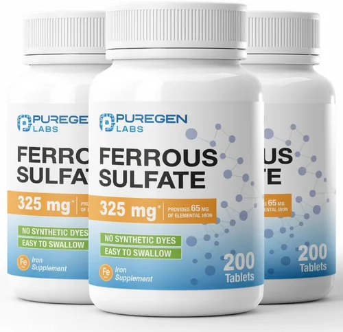 Miniatura 9 de Puregen Labs - Suplemento de hierro de alta potencia con sulfato ferroso de 325 mg (65 mg de hierro elemental), sin aditivos de color artificial