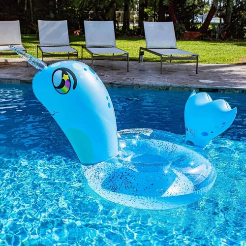 Miniatura 3 de Poolcandy - Flotador inflable de animal para piscina, tamaño extra grande de 48 pulgadas, múltiples estilos de animales narwhal azul