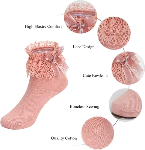 Miniatura 6 de Calcetines con volantes para niñas pequeñas, calcetines de encaje con lazo, 6 pares
