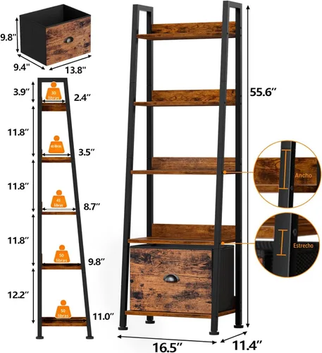 Miniatura 3 de Furologee Estantería de Escalera de 5 Niveles, Estantería de Escalera con Cajón Extraíble, Organizador de Estante de Almacenamiento de Librería