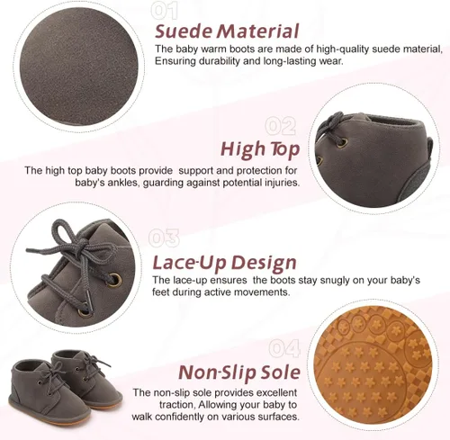 Miniatura 2 de Botas de nieve cálidas unisex para bebé, piel de piel para recién nacido, con cordones, suela de textura de goma antideslizante, zapatos de cuna