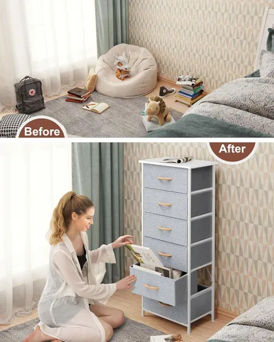 Miniatura 7 de Crestlive Products Torre de Almacenamiento Dresser Alta - Marco de Acero Resistente, Superficie de Madera, Contenedores de Tela de Fácil Extracción