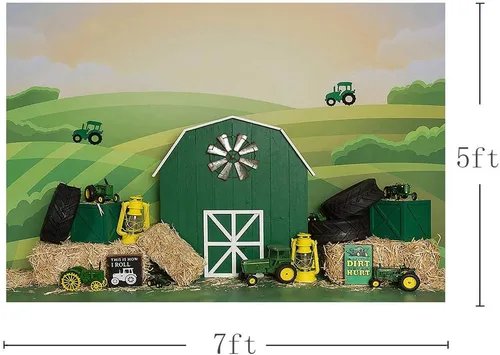 Miniatura 3 de MEHOFOND Telón de fondo de fiesta de cumpleaños de tractor para niño y niña, feliz primer cumpleaños, retrato de granja verde, fotografía de fondo