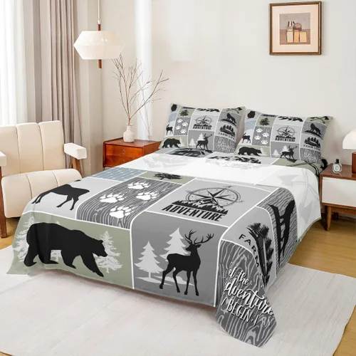 Miniatura 22 de Manfei Juego de sábanas rústicas de ciervo de oso de ciervo, aventura y caza de lobos para niños, niñas y adultos, decoración de habitación