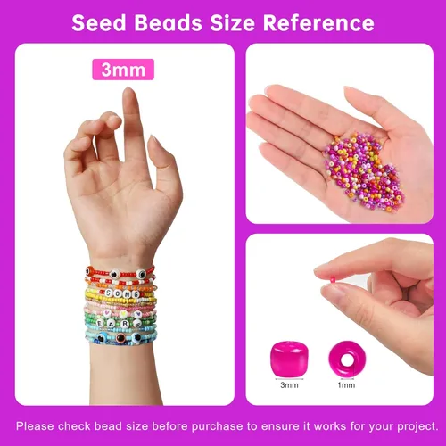 Miniatura 10 de Redtwo Kit de 45000 cuentas de cristal de 0.118 pulgadas, 7 cajas de 144 colores para pulseras, kit de pulsera de amistad con dijes y letras