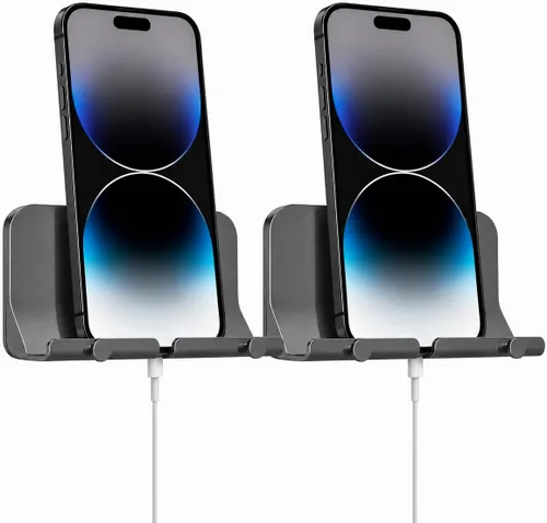 Soporte de pared para teléfono con agujero para cable y ganchos, soporte adhesivo para teléfono de pared, base de carga de teléfono y organizador