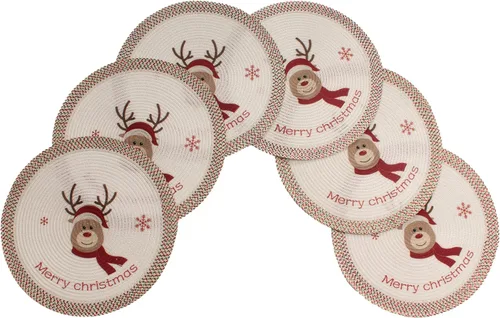 Miniatura 4 de Juego de 6 manteles individuales trenzados tejidos con estampado navideño de 15 pulgadas redondos, antideslizantes para mesa de comedor y cocina