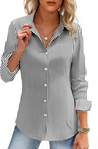 Miniatura 8 de HOTOUCH Camisas de mujer con botones de manga larga, camisa de vestir ajustada, blusas de trabajo, cuello, elegantes, casuales, de negocios