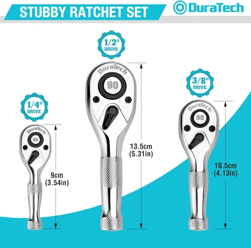 Miniatura 2 de DURATECH Juego de 3 Llaves de Trinquete Cortas, 90 Dientes 1/4" 3/8" 1/2" Llave de Vaso con Accionamiento, Mini Trinquete Pequeño con Cabeza CR-MO