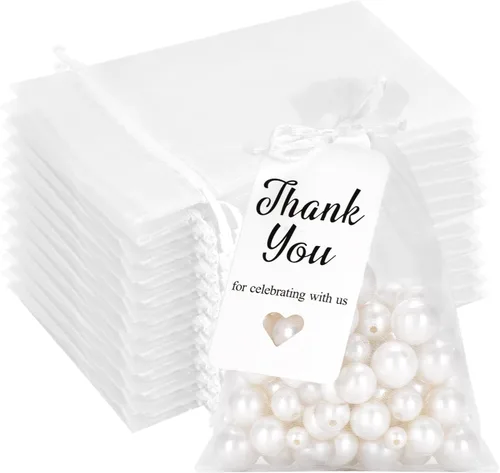 G2PLUS 50 Piezas Bolsas de Organza Blancas 4x6 pulgadas con Etiquetas de Agradecimiento, Bolsas de Regalo de Malla Transparente con Cordón para