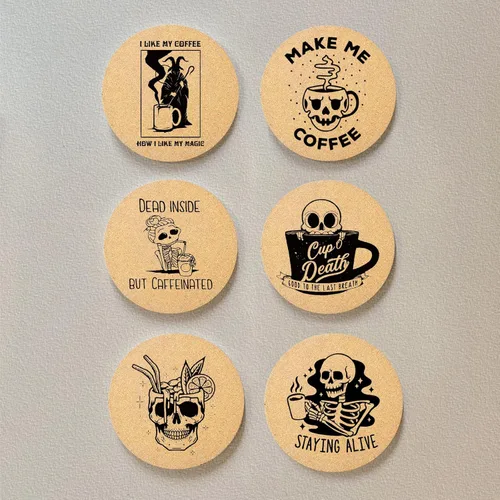 Miniatura 3 de Juego de 6 posavasos de café para bebidas con soporte, posavasos de madera de corcho absorbente para escritorio, mesa de oficina, decoración