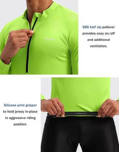 Miniatura 4 de Bikewa Maillot de ciclismo para hombre con 3+1 bolsillos traseros con cremallera, manga larga, absorción de humedad, UPF 50+ media cremallera