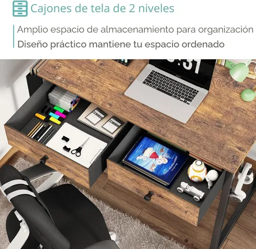 Miniatura 6 de Lufeiya Escritorio pequeño para computadora con 2 cajones para dormitorio, escritorio de oficina en casa de 31 pulgadas con cajón de tela de Marrón